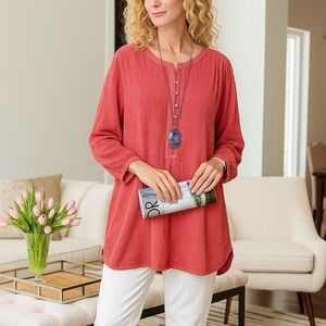 Soft Surroundings Red Gauzy Women’s Plus Button Henley Popover Tunic Top Sz 3X